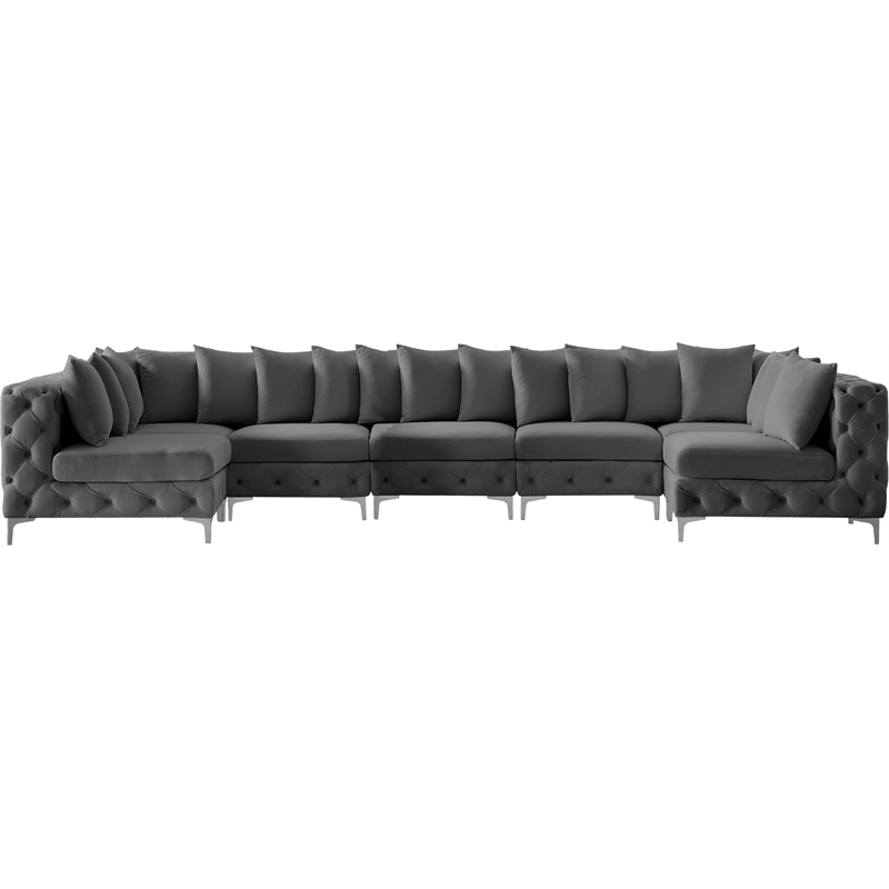 Meridian Furniture Tremblay Velvet Modular Sectional/Pillow in Gray/Gold-Chrome
