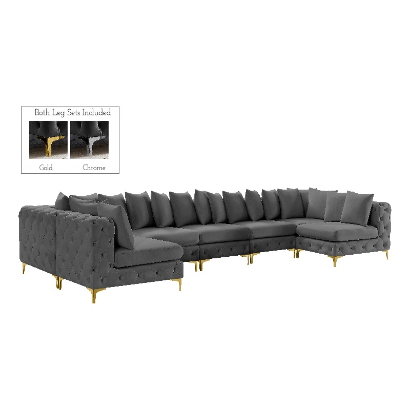 Meridian Furniture Tremblay Velvet Modular Sectional/Pillow in Gray/Gold-Chrome
