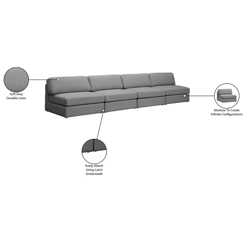 Meridian Furniture Beckham Grey Durable Linen Textured Fabric Modular Sofa