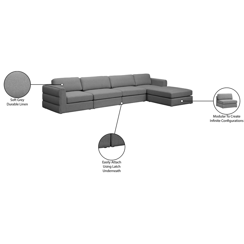 Meridian Furniture Beckham Grey Durable Linen Textured Fabric Modular Sectional