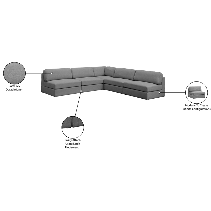 Meridian Furniture Beckham Grey Durable Linen Textured Fabric Modular Sectional