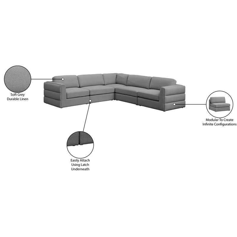 Meridian Furniture Beckham Grey Durable Linen Textured Fabric Modular Sectional