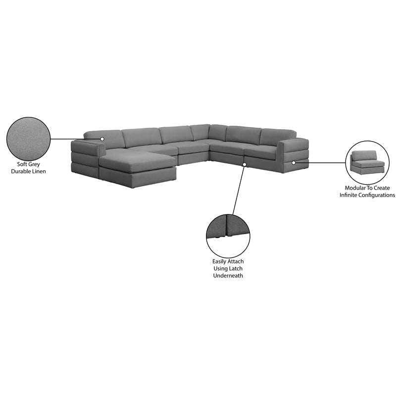 Meridian Furniture Beckham Grey Durable Linen Textured Fabric Modular Sectional