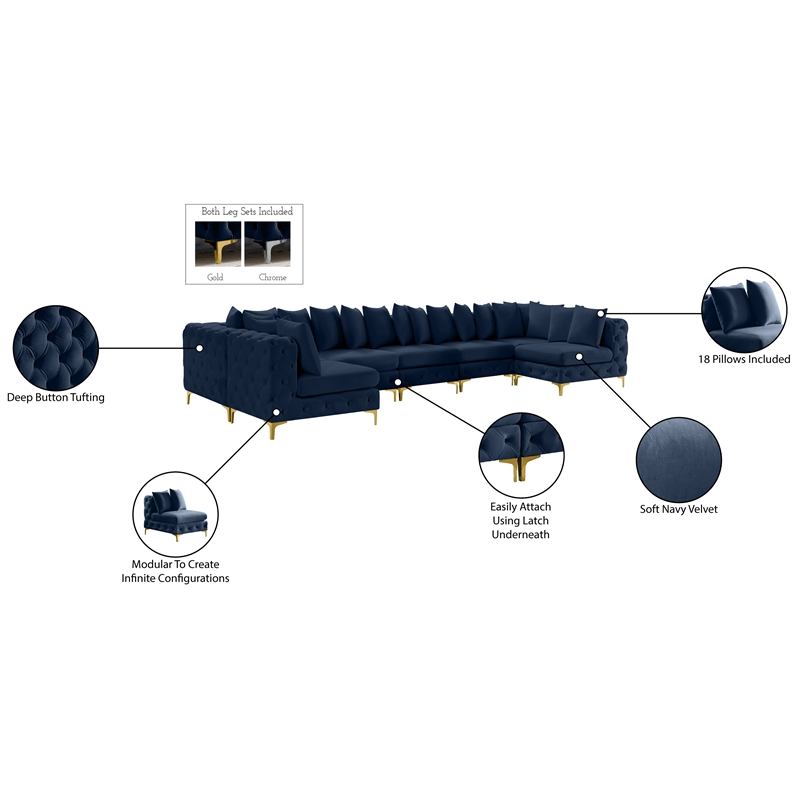 Meridian Furniture Tremblay Velvet Modular Sectional/Pillow in Navy/Gold-Chrome