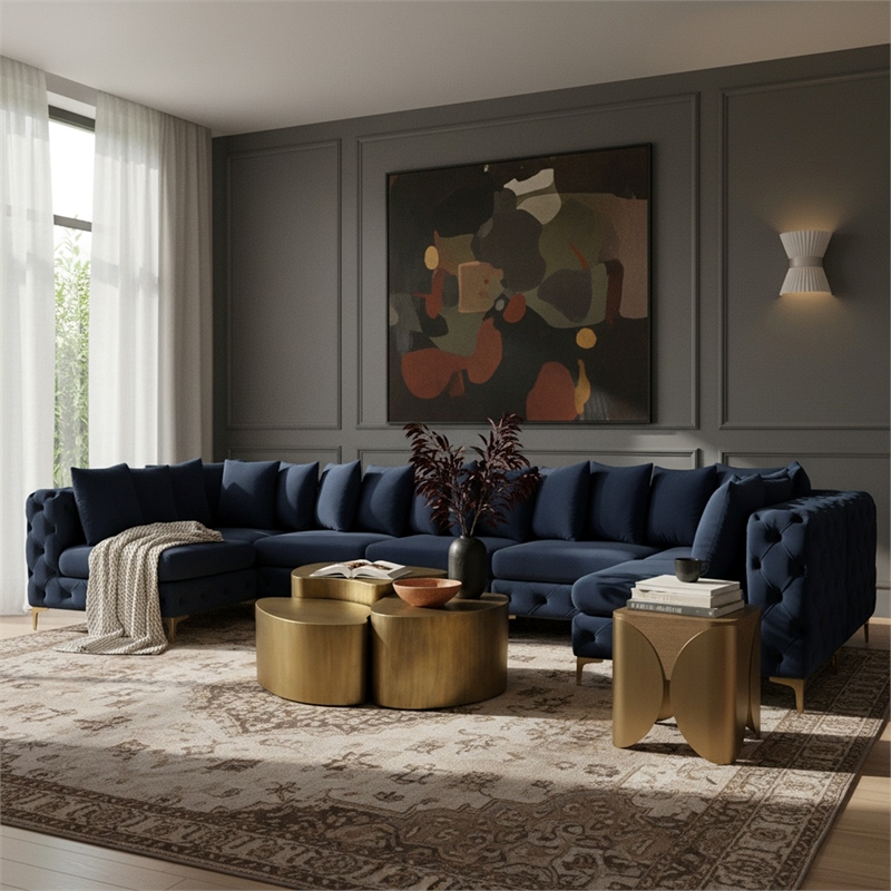 Meridian Furniture Tremblay Velvet Modular Sectional/Pillow in Navy/Gold-Chrome
