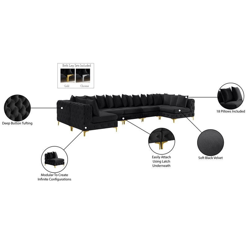 Meridian Furniture Tremblay Velvet Modular Sectional/Pillow in Black/Gold-Chrome