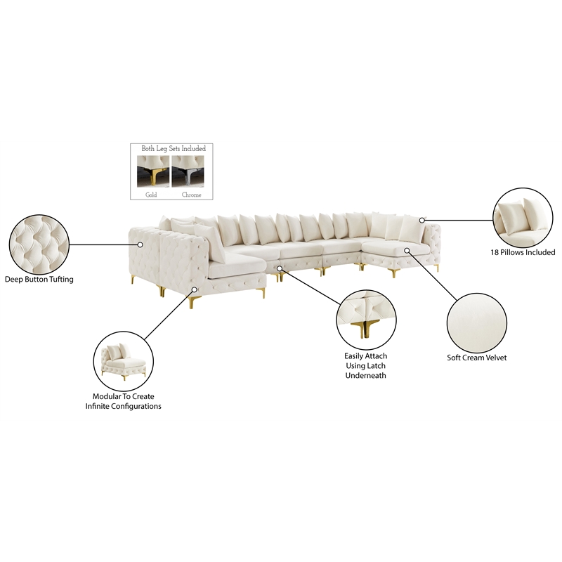 Meridian Furniture Tremblay Velvet Modular Sectional/Pillow in Cream/Gold-Chrome