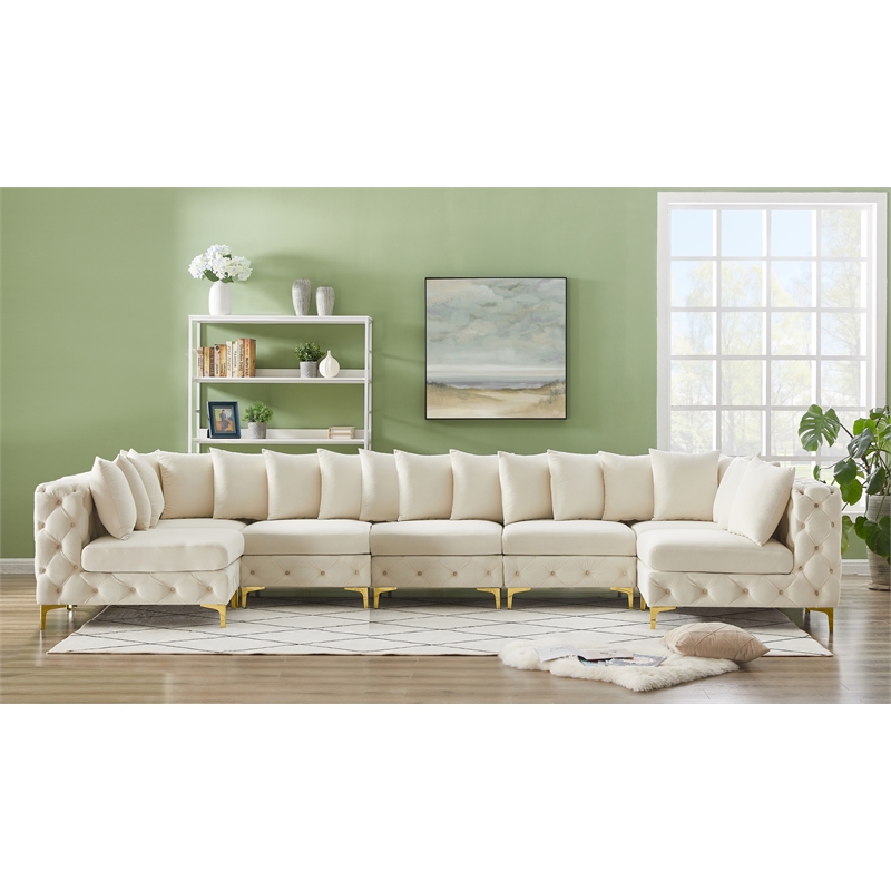 Meridian Furniture Tremblay Velvet Modular Sectional/Pillow in Cream/Gold-Chrome