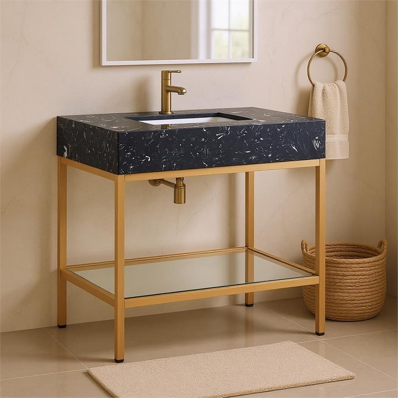Meridian Furniture Marmo Black Engineered Stone Bathroom Vanity