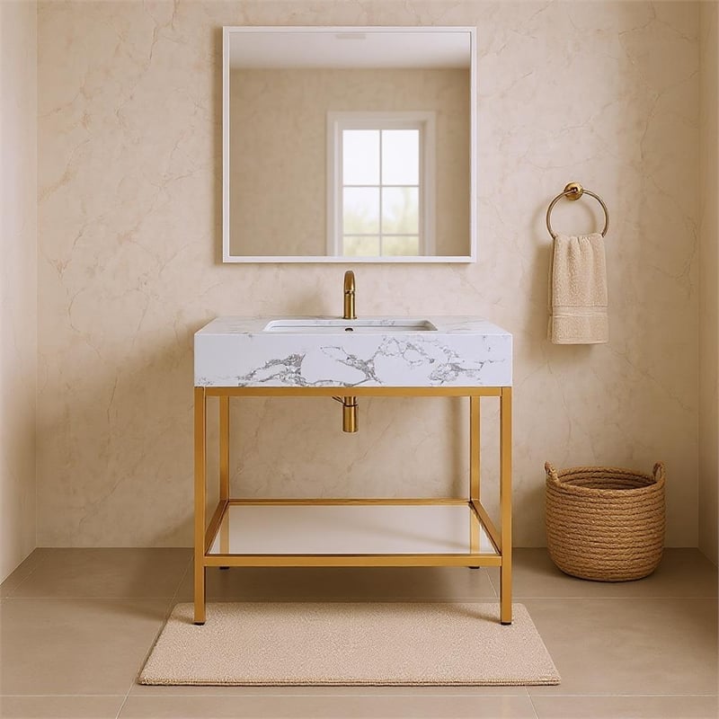 Meridian Furniture Marmo White Engineered Stone Bathroom Vanity