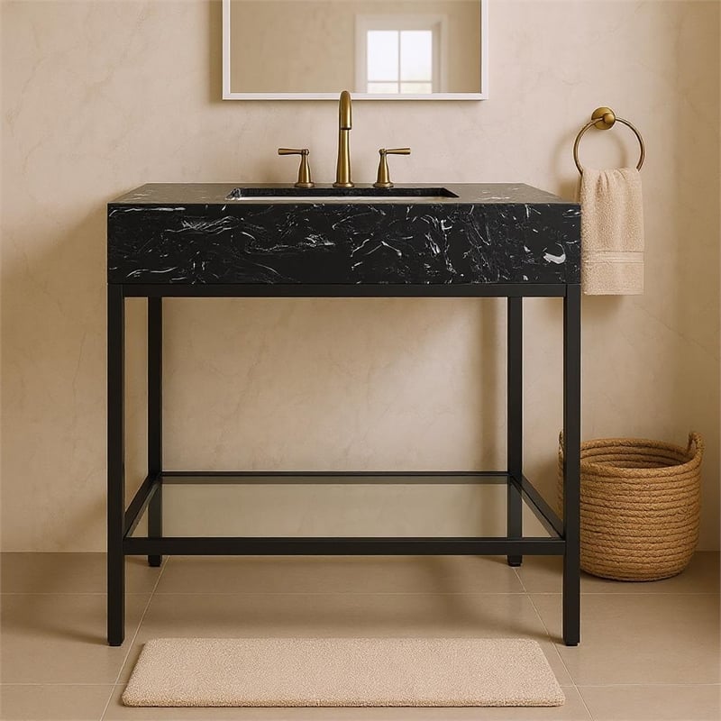 Meridian Furniture Marmo Black Engineered Stone Bathroom Vanity