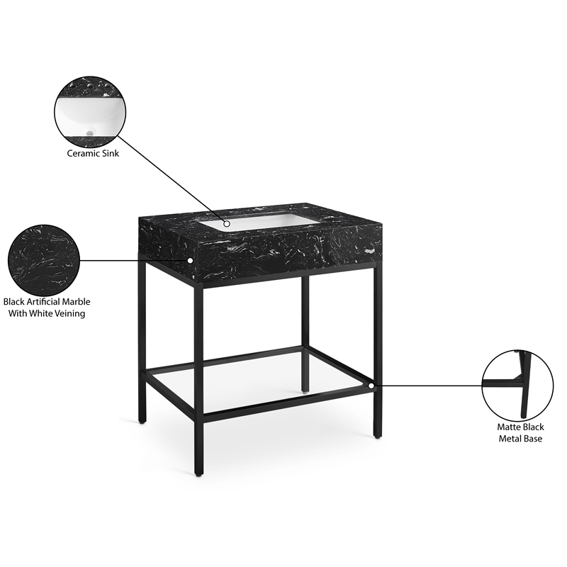 Meridian Furniture Marmo Black Engineered Stone Bathroom Vanity