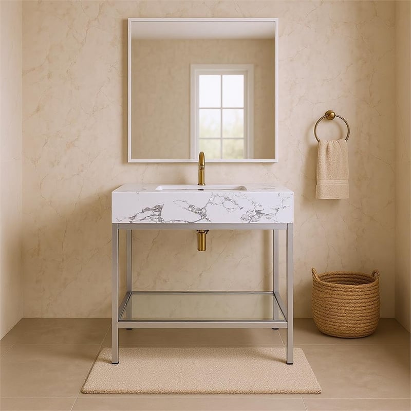 Meridian Furniture Marmo White Engineered Stone Bathroom Vanity