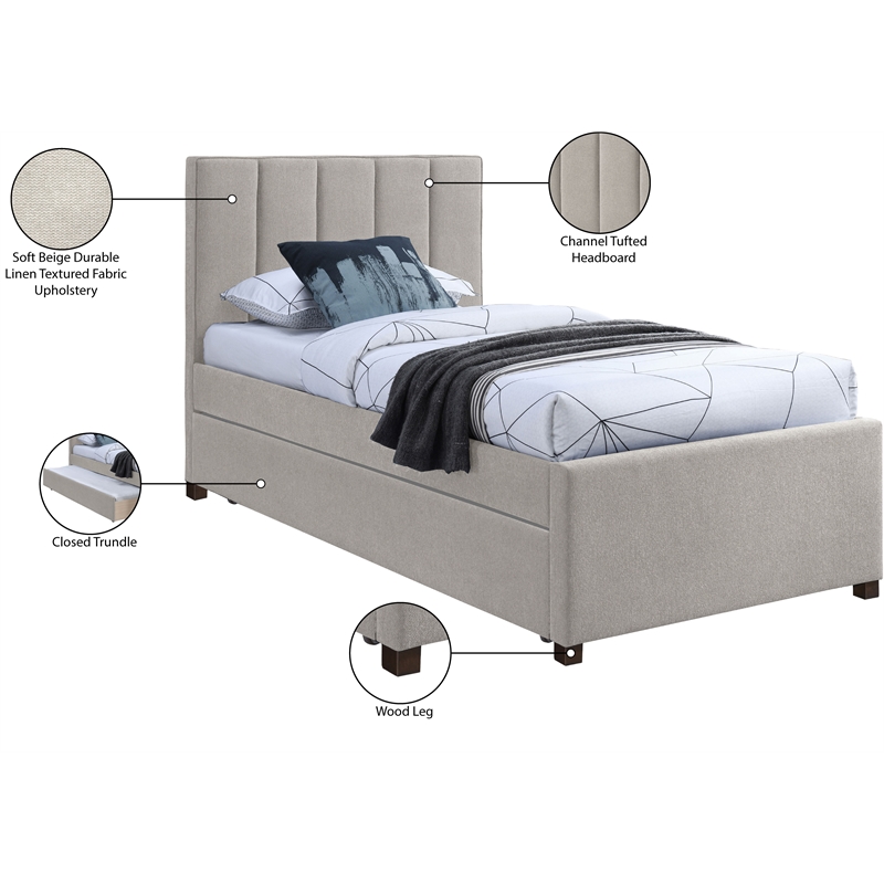 Meridian Furniture Harper Beige Linen Textured Fabric Twin Trundle Bed