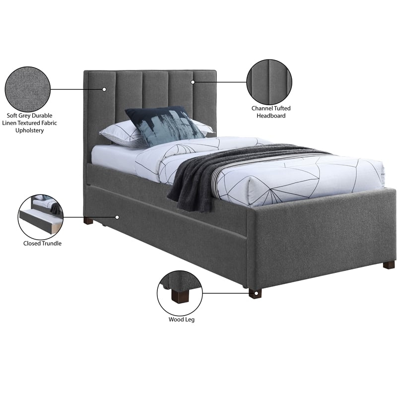 Meridian Furniture Harper Grey Linen Textured Fabric Twin Trundle Bed