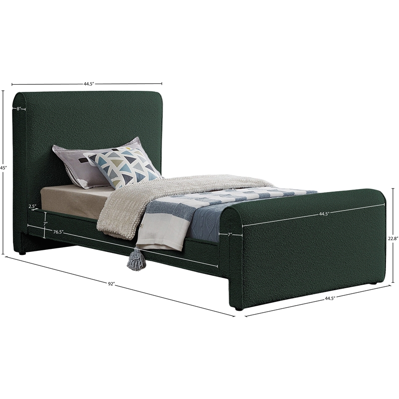 Meridian Furniture Stylus Green Boucle Fabric Twin Bed
