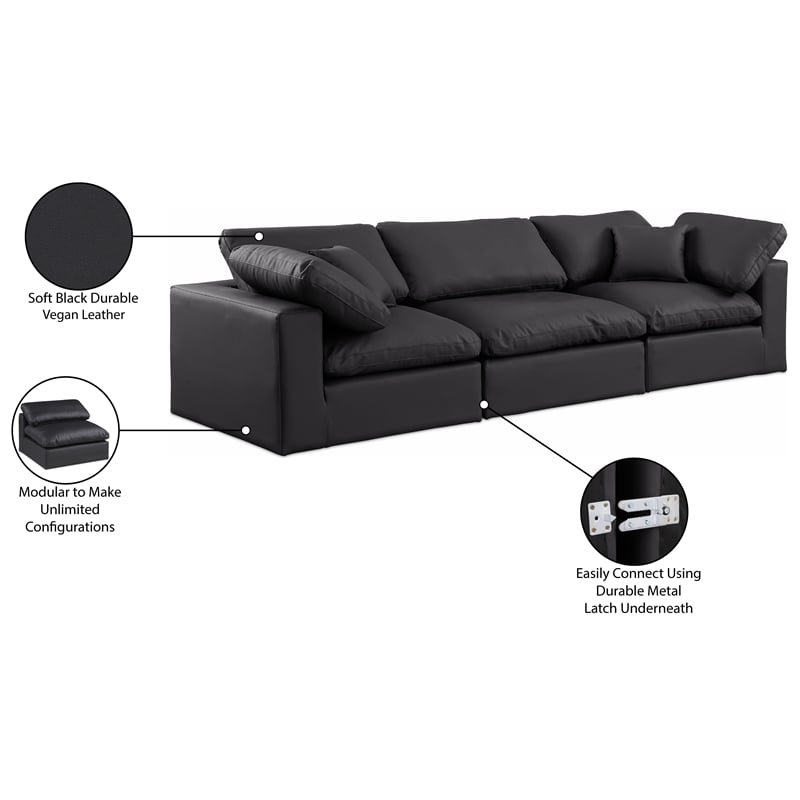 Meridian Furniture Comfy Black Vegan Leather 3-Pc. Modular Sofa