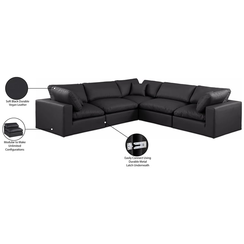 Meridian Furniture Comfy Black Vegan Leather 5-Pc. Modular Sectional