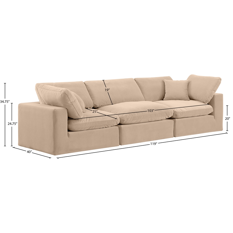 Meridian Furniture Comfy Beige Velvet 3-Pc. Modular Sofa