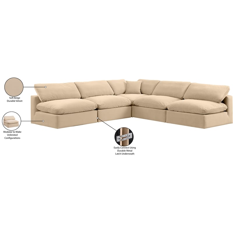 meridian furniture comfy beige velvet 5-pc. modular sectional