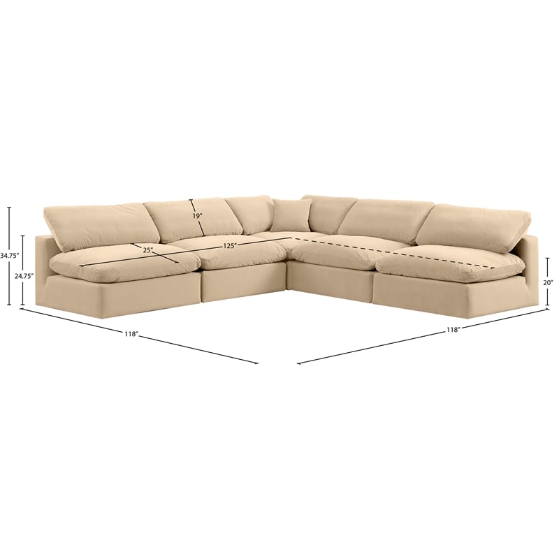 meridian furniture comfy beige velvet 5-pc. modular sectional