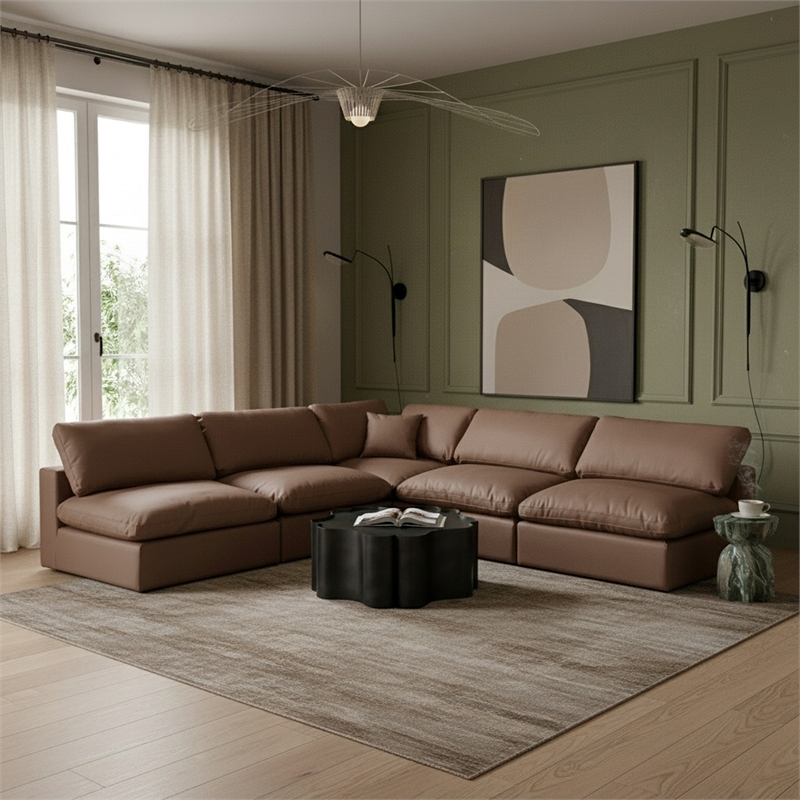 Meridian Furniture Comfy Brown Vegan Leather 5-Pc. Modular Sectional