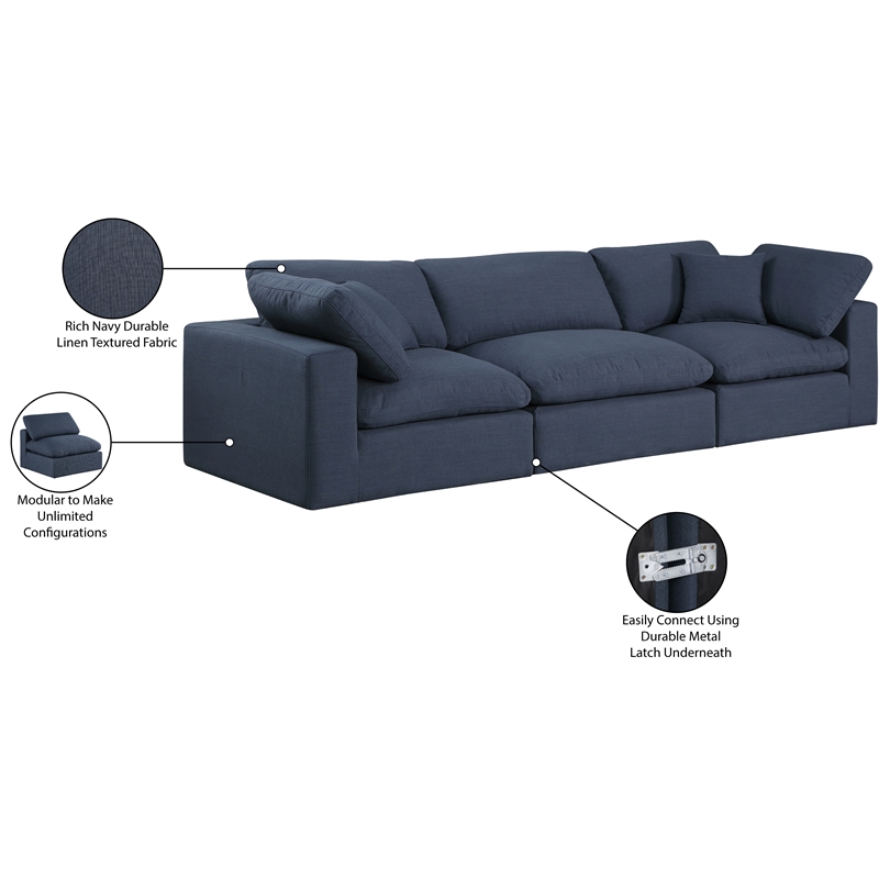 Meridian Furniture Comfy Navy Linen Textured Fabric 3-Pc. Modular Sofa