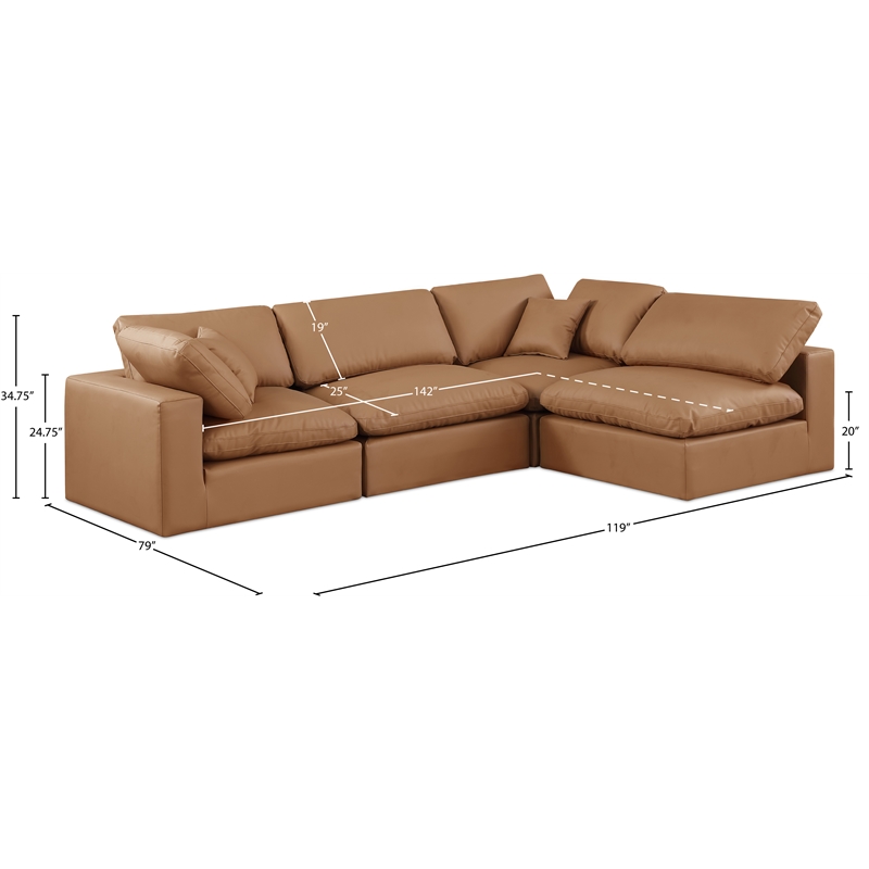 Meridian Furniture Comfy Cognac Vegan Leather 4-Pc. Modular Sectional