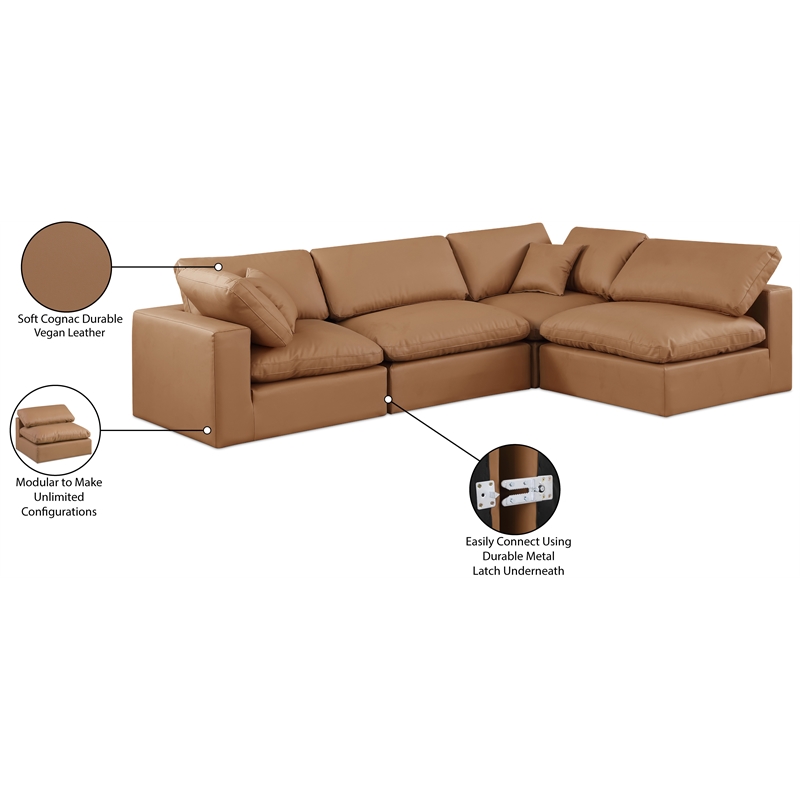 Meridian Furniture Comfy Cognac Vegan Leather 4-Pc. Modular Sectional