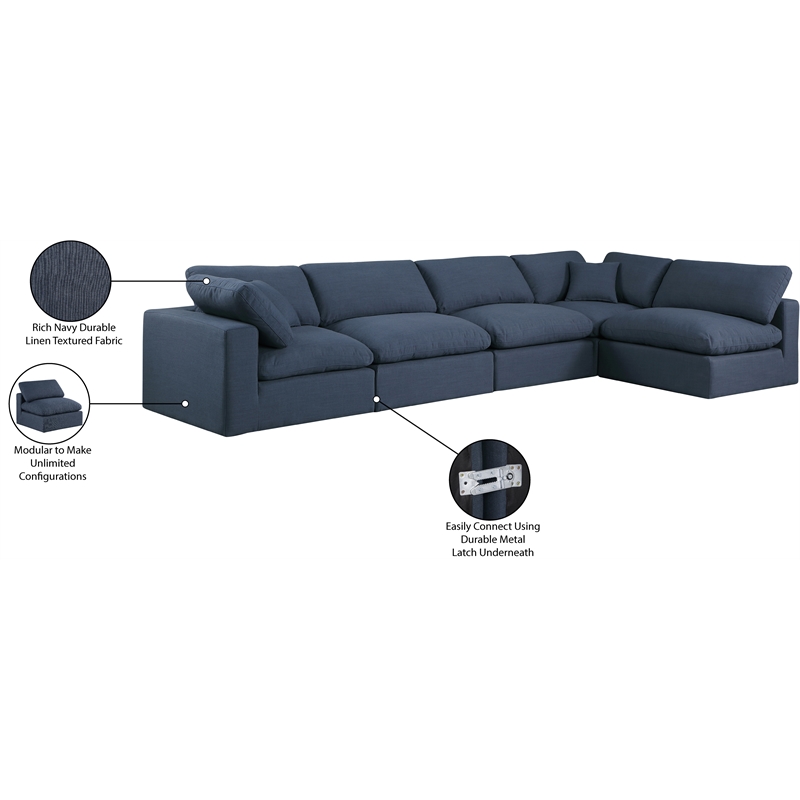 Meridian Furniture Comfy Navy Linen Textured Fabric 5-Pc. Modular Sectional