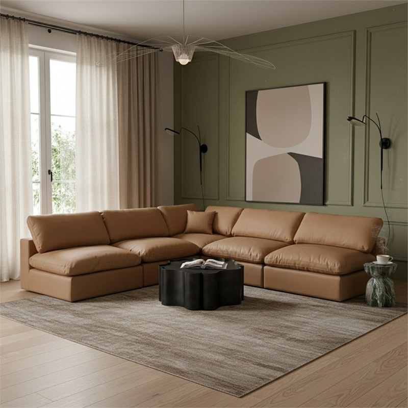 Meridian Furniture Comfy Cognac Vegan Leather 5-Pc. Modular Sectional