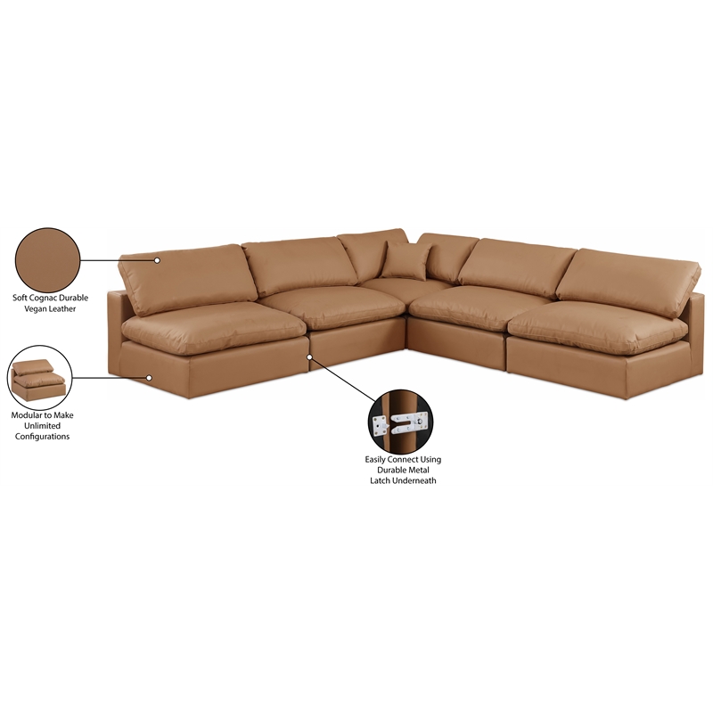 Meridian Furniture Comfy Cognac Vegan Leather 5-Pc. Modular Sectional