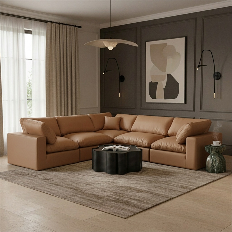 Meridian Furniture Comfy Cognac Vegan Leather 5-Pc. Modular Sectional