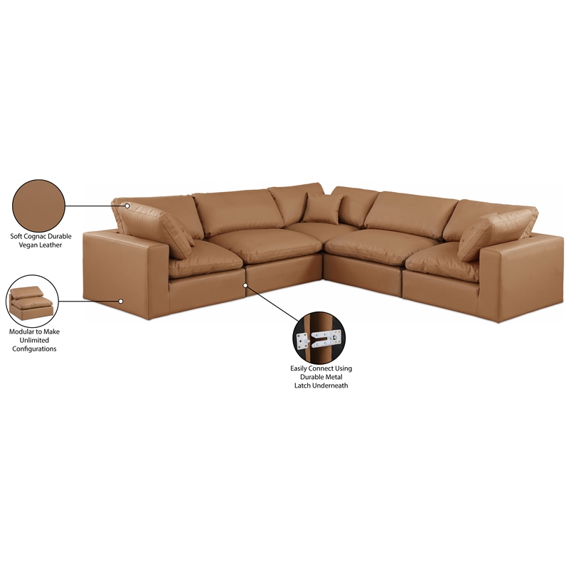 Meridian Furniture Comfy Cognac Vegan Leather 5-Pc. Modular Sectional