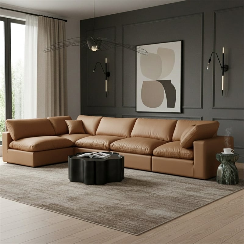 Meridian Furniture Comfy Cognac Vegan Leather 5-Pc. Modular Sectional