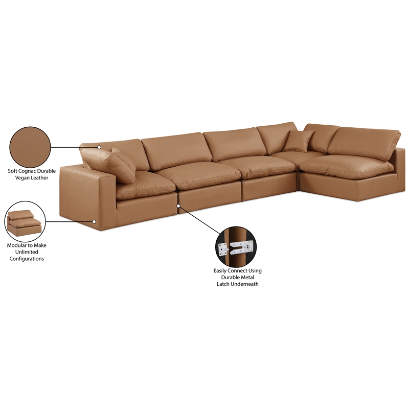 Meridian Furniture Comfy Cognac Vegan Leather 5-Pc. Modular Sectional