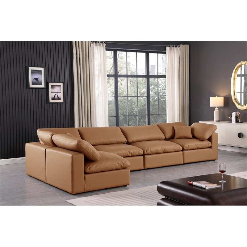 Meridian Furniture Comfy Cognac Vegan Leather 5-Pc. Modular Sectional