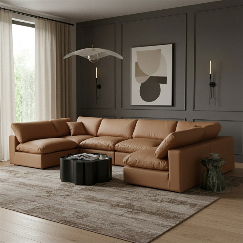 Meridian Furniture Comfy Cognac Vegan Leather 6-Pc. Modular Sectional