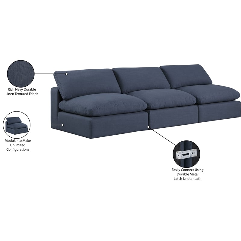 Meridian Furniture Comfy Navy Linen Textured Fabric 3-Pc. Modular Sofa