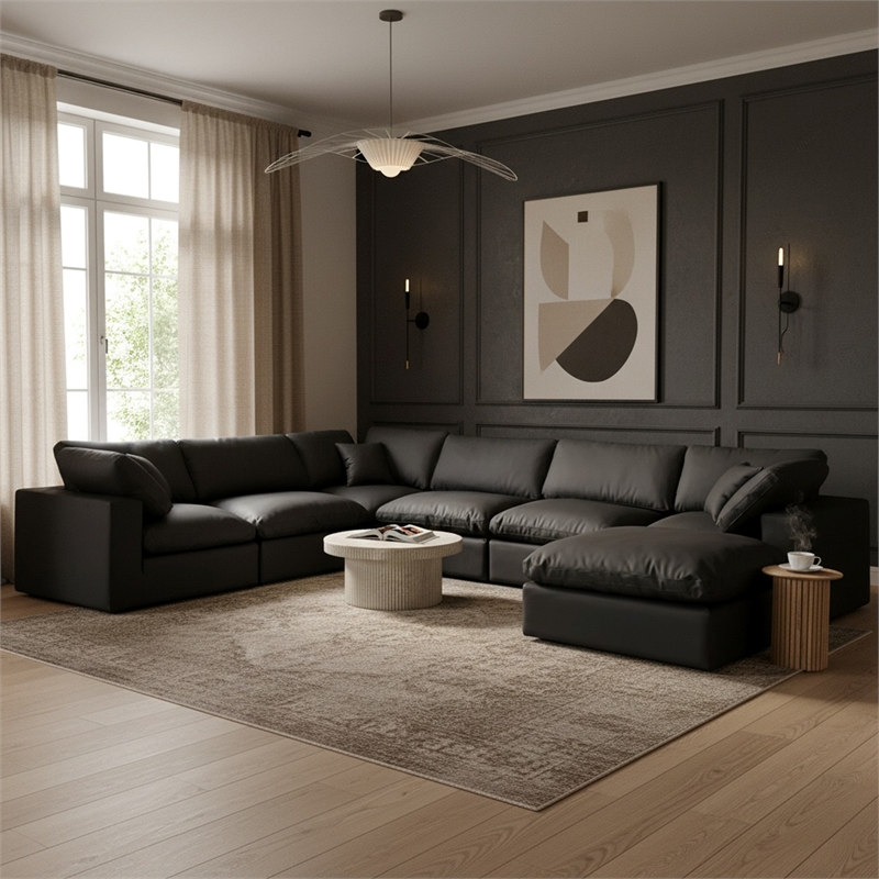 Meridian Furniture Comfy Black Vegan Leather 7-Pc. Modular Sectional