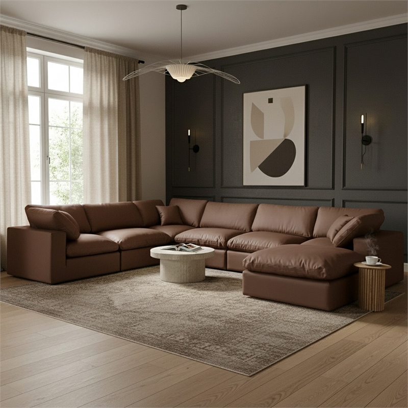 Meridian Furniture Comfy Brown Vegan Leather 7-Pc. Modular Sectional