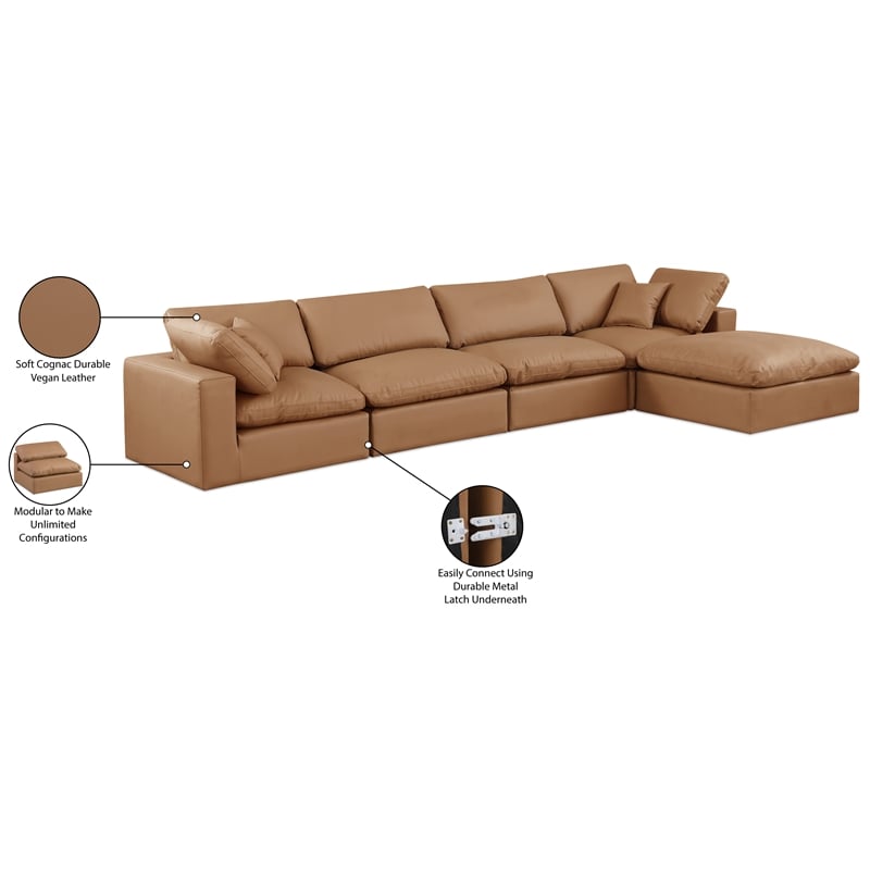 Meridian Furniture Comfy Cognac Vegan Leather 5-Pc. Modular Sectional