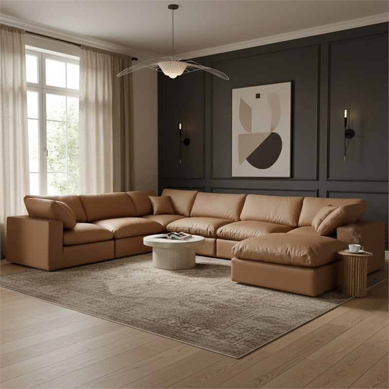 Meridian Furniture Comfy Cognac Vegan Leather 7-Pc. Modular Sectional