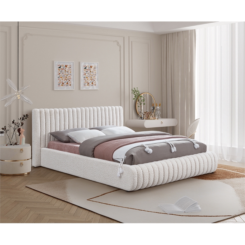 Meridian Furniture Nash Cream Boucle Fabric Queen Bed