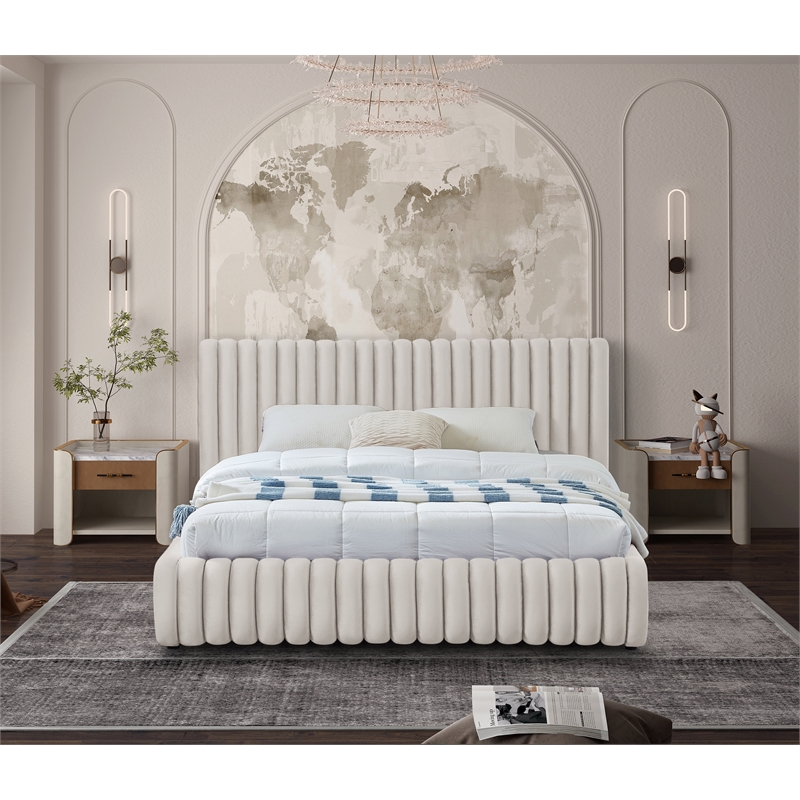 Meridian Furniture Nico Cream Velvet Queen Bed