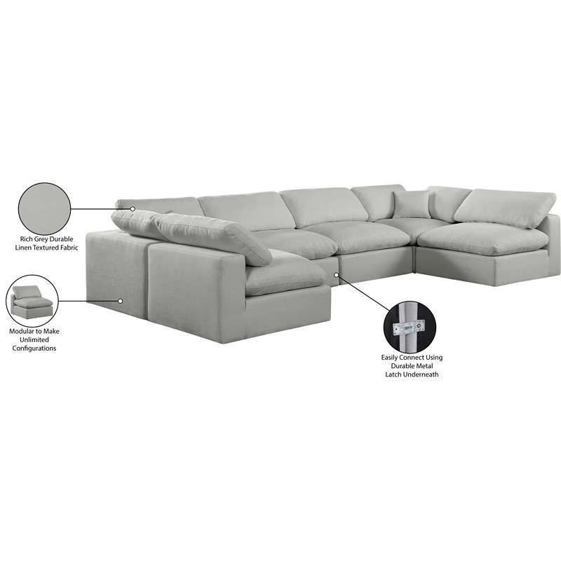 meridian furniture comfy grey linen textured fabric 6-pc. modular sectional