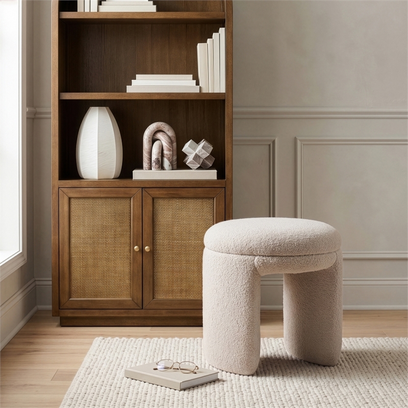 Meridian Furniture Bowen Beige Faux Shearling Teddy Fabric Ottoman/Stool