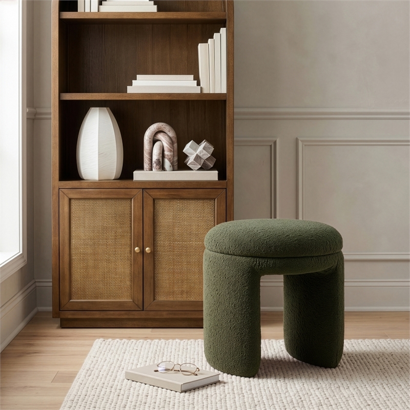 Meridian Furniture Bowen Green Faux Shearling Teddy Fabric Ottoman/Stool