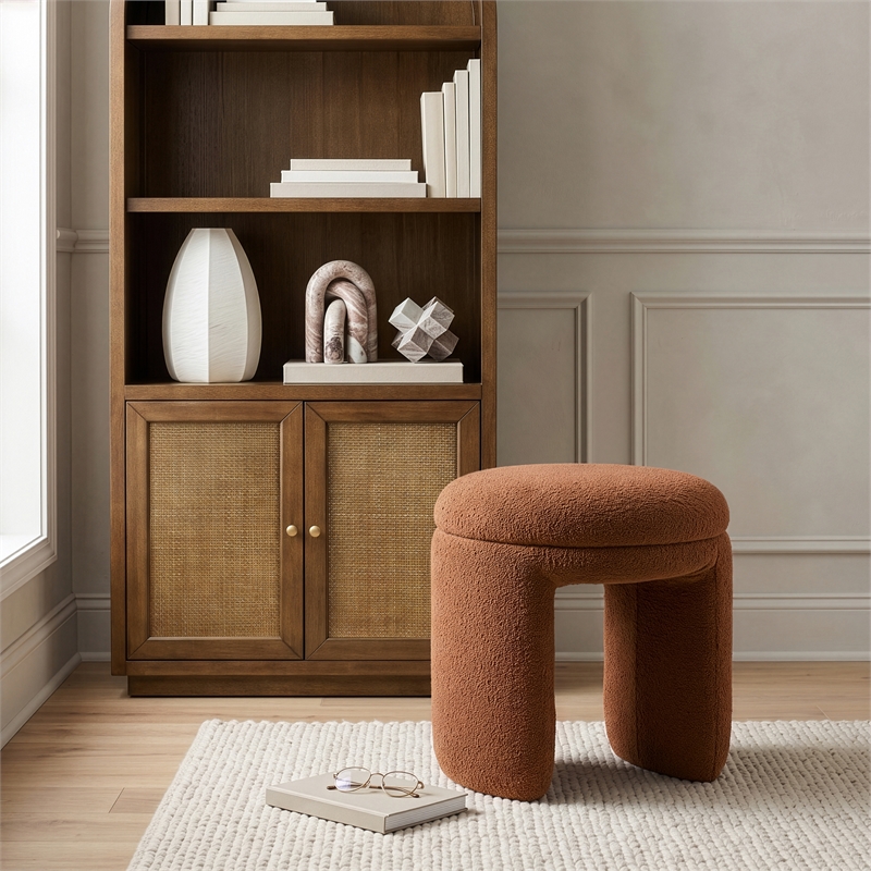 Meridian Furniture Bowen Saddle Faux Shearling Teddy Fabric Ottoman/Stool