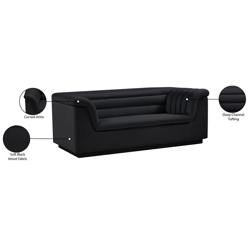 Meridian Furniture Cascade Black Velvet Fabric Loveseat